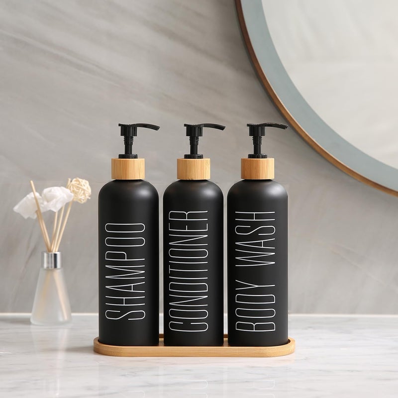 Prus Waso Shampoo and Conditioner Dispenser with Bamboo Pumps & Tray, Perfect for Bathroom Essentials for New Home (Black) - Image 2